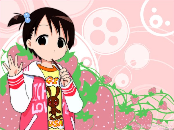 Anime picture 1600x1200 with ichigo mashimaro itou chika single looking at viewer fringe short hair brown hair upper body long sleeves arm up black eyes open jacket side ponytail girl food jacket sweets berry (berries) hair bobbles strawberry
