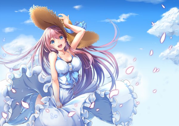 Anime picture 1000x706 with vocaloid megurine luka bit (keikou syrup) single long hair looking at viewer blush fringe breasts open mouth blue eyes smile hair between eyes large breasts holding pink hair sky cloud (clouds) outdoors :d