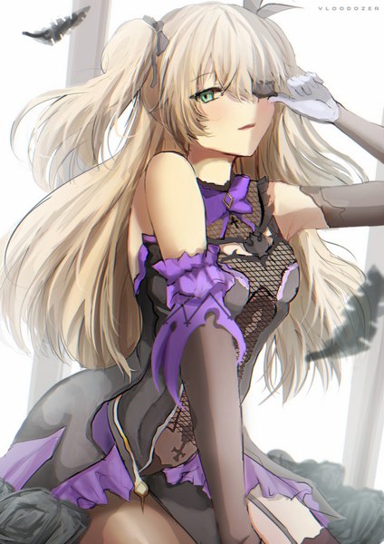 Anime picture 2121x3000 with genshin impact fischl (genshin impact) vloodozer single long hair tall image looking at viewer blush fringe highres breasts open mouth blonde hair smile hair between eyes sitting bare shoulders green eyes signed payot