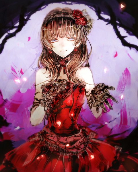 Anime picture 734x914 with idolmaster idolmaster cinderella girls idolmaster cinderella girls starlight stage sakuma mayu saegome single long hair tall image looking at viewer fringe brown hair purple eyes bare shoulders signed blunt bangs parted lips hand on chest outstretched hand love destiny girl