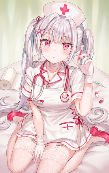 Anime picture 3463x5488 with original tokkyu single long hair tall image looking at viewer blush fringe highres hair between eyes sitting twintails holding payot absurdres silver hair pink eyes wariza nurse girl
