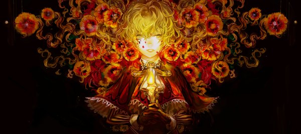 Anime picture 2000x892 with vocaloid hatsune miku si (pixiv) single long hair looking at viewer fringe highres blonde hair wide image yellow eyes hair flower teeth black background face paint curly hair girl gloves hair ornament flower (flowers)