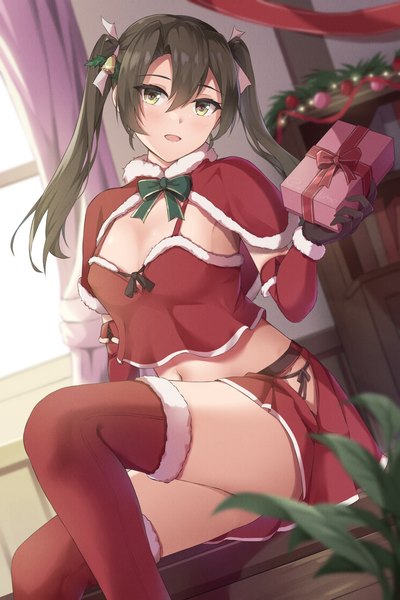 Anime picture 1020x1530 with kantai collection zuikaku aircraft carrier zuikillme single long hair tall image looking at viewer blush fringe open mouth light erotic hair between eyes brown hair sitting twintails yellow eyes indoors midriff fur trim convenient censoring