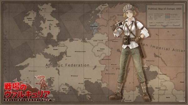 Anime picture 1920x1080 with valkyria chronicles irene ellet highres short hair blue eyes blonde hair wide image one eye closed wink official art wavy hair hat glasses camera map