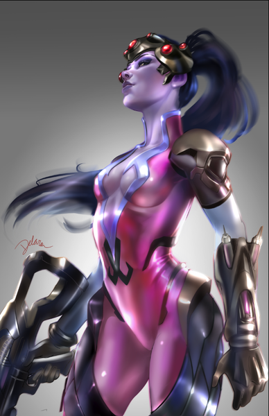 Anime picture 551x851 with overwatch blizzard entertainment widowmaker (overwatch) cris delara single long hair tall image breasts light erotic simple background yellow eyes blue hair ponytail lips grey background lipstick purple lipstick purple skin girl weapon