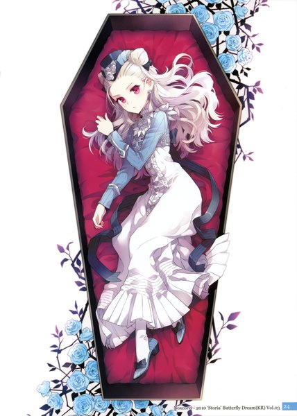 Anime picture 2524x3535 with sword girls original nardack single long hair tall image highres red eyes white background white hair scan vampire victorian girl dress flower (flowers) hat earrings shoes blue rose