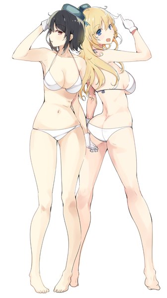Anime picture 675x1200 with kantai collection atago heavy cruiser takao heavy cruiser hareno chiame (artist) long hair tall image looking at viewer blush short hair breasts open mouth blue eyes light erotic black hair blonde hair simple background red eyes standing white background bare shoulders