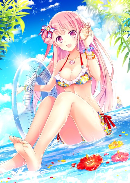 Anime picture 2976x4175 with original goma (11zihisin) long hair tall image looking at viewer blush fringe highres breasts open mouth light erotic smile large breasts sitting bare shoulders holding payot pink hair sky cloud (clouds)
