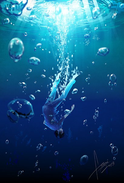Anime picture 682x1000 with original fusui single tall image short hair black hair signed eyes closed barefoot sunlight underwater diving boy shirt pants bubble (bubbles)