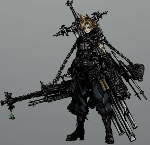 Anime picture 1033x1000 with final fantasy final fantasy vii square enix cloud strife tonberry moto murabito (artist) single short hair simple background blonde hair grey background scar boy weapon boots gun huge weapon huge sword trinket