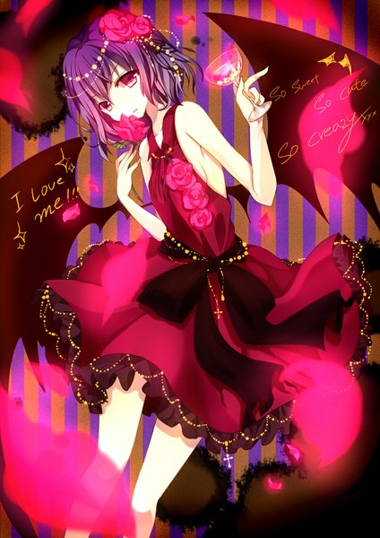 Anime picture 800x1131 with touhou remilia scarlet kusada souta single tall image short hair purple eyes purple hair girl dress hair ornament flower (flowers) petals wings