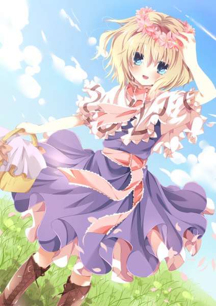 Anime picture 900x1272 with touhou alice margatroid nogi takayoshi single tall image looking at viewer short hair blue eyes blonde hair sky cloud (clouds) girl dress flower (flowers) petals boots basket