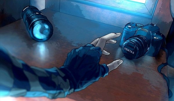 Anime picture 800x469 with fisheye placebo robin soloviev yuumei wide image outstretched arm gloves fingerless gloves table hand camera