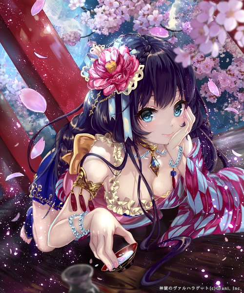 Anime picture 1000x1200 with shingoku no valhalla gate pisuke single long hair tall image looking at viewer blue eyes black hair lying hair flower cherry blossoms chin rest yagasuri girl dress hair ornament flower (flowers) petals jewelry kanzashi