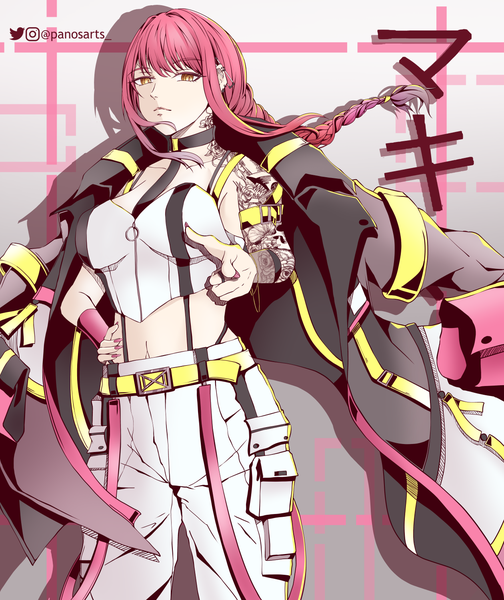 Anime picture 1260x1500 with chainsaw man mappa makima (chainsaw man) panos (ssgpanos) single long hair tall image looking at viewer signed yellow eyes payot pink hair braid (braids) nail polish fingernails shadow midriff tattoo alternate costume character names