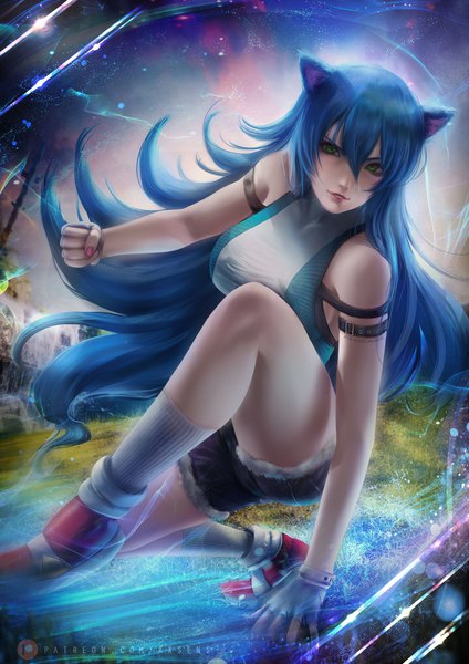 Anime picture 3532x5000 with sonic (series) sonic the hedgehog axsen single long hair tall image looking at viewer blush fringe highres breasts light erotic hair between eyes large breasts green eyes animal ears blue hair absurdres outdoors nail polish