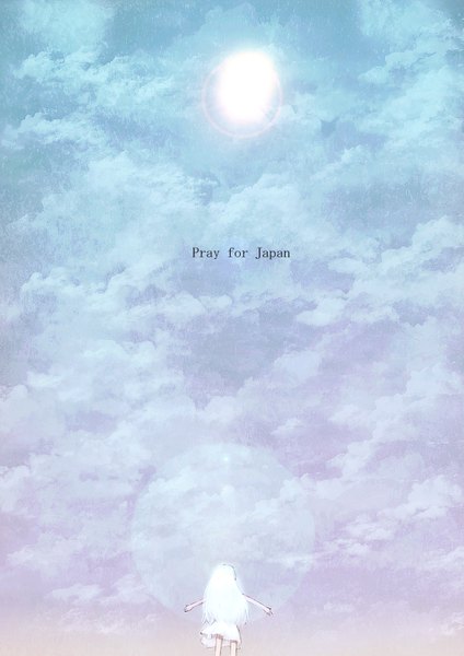 Anime picture 1200x1697 with original blackball (artist) single long hair tall image standing sky cloud (clouds) white hair text back spread arms praying girl dress white dress sun