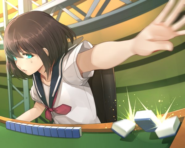 Anime picture 1280x1024 with saki akado harue hitoto single short hair blue eyes black hair sweat sweatdrop mahjong girl shirt serafuku