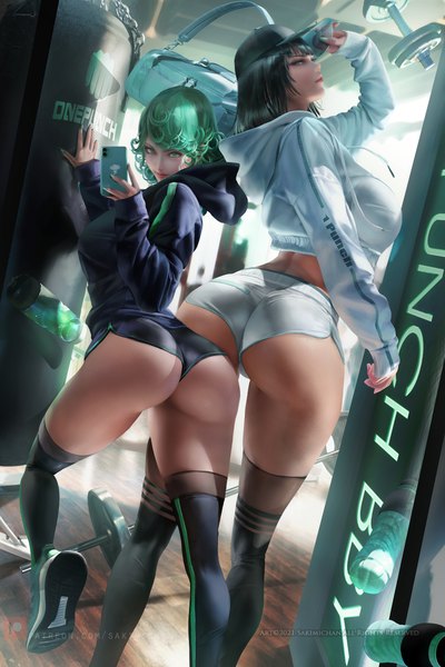 Anime picture 2400x3600 with one-punch man madhouse tatsumaki fubuki (one-punch man) sakimichan tall image fringe highres short hair breasts light erotic large breasts standing multiple girls holding green eyes ahoge ass indoors long sleeves