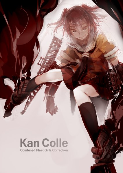 Anime picture 920x1300 with kantai collection sendai light cruiser cus-tom single tall image looking at viewer short hair brown hair sitting inscription grey eyes two side up grin girl skirt weapon miniskirt socks gun black socks