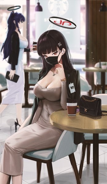 Anime-Bild 1778x3069 mit blue archive rio (blue archive) yuuka (blue archive) dongtan lady (k pring) fieryonion long hair tall image looking at viewer fringe highres breasts light erotic black hair red eyes large breasts sitting multiple girls cleavage indoors blunt bangs