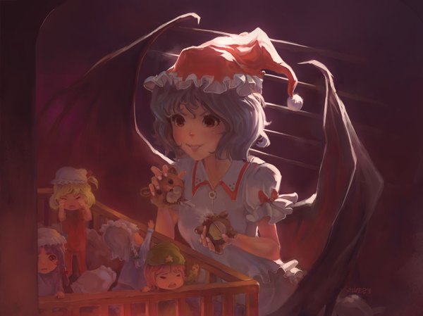 Anime picture 1489x1116 with touhou flandre scarlet remilia scarlet izayoi sakuya patchouli knowledge hong meiling sleepy (pixiv) short hair blonde hair smile red eyes purple hair braid (braids) bat wings girl dress toy stuffed animal santa claus hat child (children)