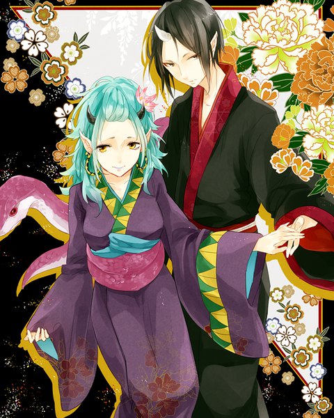 イラスト 640x800 と 鬼灯の冷徹 WITスタジオ 鬼灯 okou (hoozuki no reitetsu) kota uro 長髪 長身像 短い髪 黒髪 黄色眼 traditional clothes 和服 hair flower 角 from above エルフ耳 black eyes aqua hair holding hands oni horns