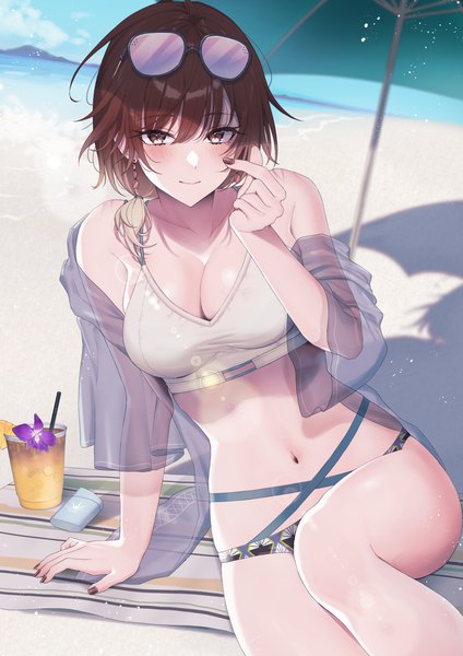 Anime picture 2894x4093 with idolmaster idolmaster shiny colors aketa mikoto hourai ninjin single long hair tall image looking at viewer blush fringe highres breasts light erotic smile brown hair large breasts sitting bare shoulders brown eyes sky