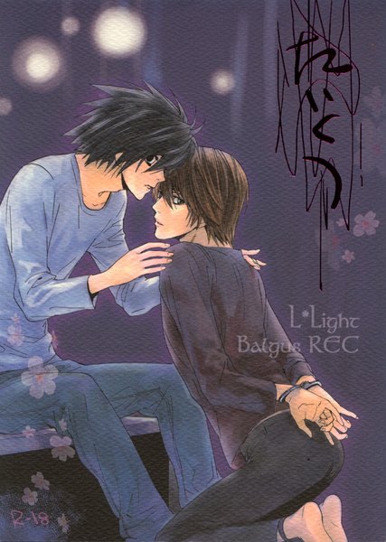 Anime picture 700x984 with death note madhouse yagami light l (death note) sabi (balgus rec) tall image looking at viewer fringe short hair light erotic black hair simple background hair between eyes brown hair sitting brown eyes signed bent knee (knees) parted lips profile