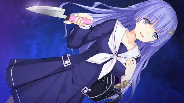 Anime picture 1280x720 with date a live izayoi miku tsunako single long hair open mouth simple background wide image payot game cg purple hair blunt bangs light smile dutch angle silver eyes girl uniform hair ornament weapon serafuku