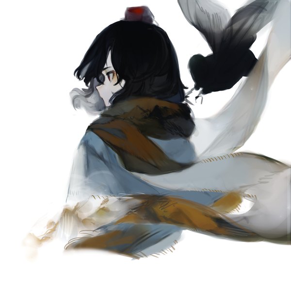 Anime picture 2480x2480 with touhou shameimaru aya zhixie jiaobu single highres short hair black hair simple background red eyes white background looking away upper body profile girl animal scarf bird (birds) crow tokin hat