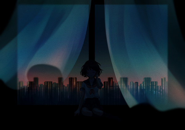 Anime picture 5016x3541 with original rito 0x0 single highres short hair black hair smile sitting absurdres sky indoors eyes closed wind city evening cityscape girl skirt uniform socks