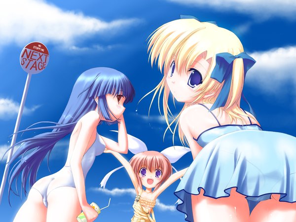 Anime picture 1280x960 with canvas 2 housen elis hagino kana misaki sumire long hair looking at viewer short hair light erotic blonde hair red eyes brown hair purple eyes multiple girls blue hair sky cloud (clouds) outdoors looking back leaning girl