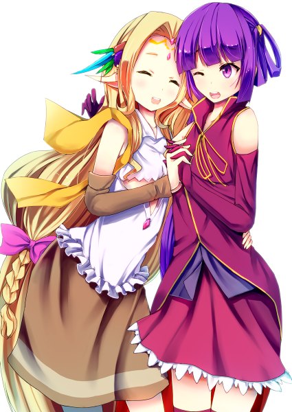 Anime picture 850x1200 with no game no life madhouse feel nilvalen chlammy zell konkito long hair tall image short hair open mouth blonde hair white background purple eyes multiple girls purple hair eyes closed one eye closed pointy ears wink girl dress
