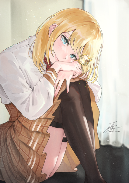 Anime picture 1061x1500 with virtual youtuber hololive hololive english watson amelia fadingz single tall image looking at viewer blush fringe short hair blue eyes light erotic blonde hair smile sitting signed bent knee (knees) indoors blunt bangs