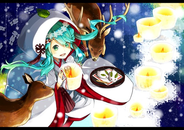 Anime picture 1447x1023 with vocaloid hatsune miku yuki miku yuki miku (2013) 44sann (artist) single long hair open mouth green eyes traditional clothes aqua hair snowing winter snowflake print girl hair ornament animal hairclip hood leaf (leaves)