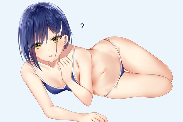Anime picture 2424x1621 with darling in the franxx studio trigger ichigo (darling in the franxx) junpaku karen single looking at viewer highres short hair light erotic simple background yellow eyes blue hair arm support blue background reclining ? girl swimsuit bikini hairclip