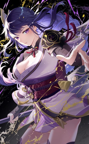 Anime picture 1729x2800 with genshin impact raiden shogun noes single long hair tall image looking at viewer highres breasts light erotic large breasts purple eyes cleavage purple hair braid (braids) traditional clothes japanese clothes single braid girl kimono