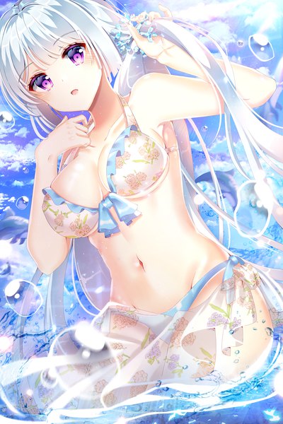 Anime picture 3000x4500 with original ecu8080 single long hair tall image looking at viewer blush fringe highres breasts open mouth light erotic large breasts purple eyes bare shoulders sky silver hair cloud (clouds) outdoors dutch angle