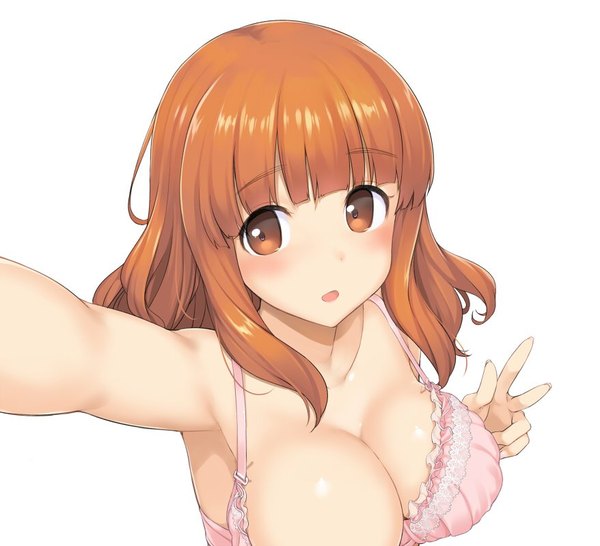 Anime picture 878x800 with girls und panzer takebe saori takayaki single looking at viewer blush short hair breasts open mouth light erotic simple background smile brown hair large breasts white background bare shoulders brown eyes outstretched arm self shot girl