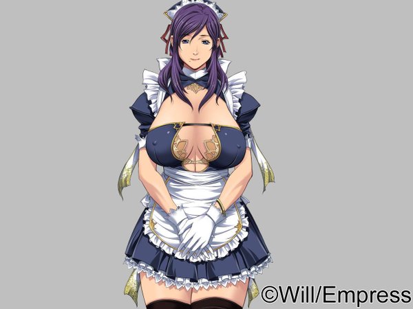 Anime-Bild 1280x960 mit starless nonohara mikako (starless) single long hair breasts blue eyes light erotic simple background large breasts purple hair inscription grey background maid hands clasped girl thighhighs gloves ribbon (ribbons) bow hair bow