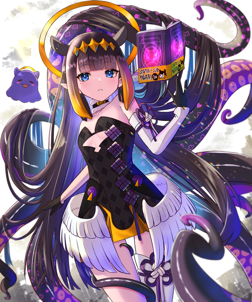 Anime picture 2000x2400 with virtual youtuber hololive hololive english ninomae ina'nis ninomae ina'nis (1st costume) takodachi (ninomae ina'nis) ao-chan (ninomae ina'nis) inari (ambercrown) single tall image looking at viewer fringe highres blue eyes black hair animal ears blunt bangs very long hair pointy ears mole