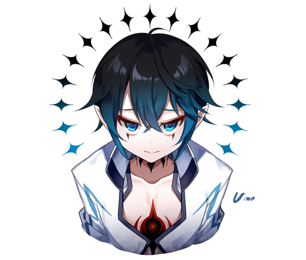 Anime picture 1024x870 with grand chase uno (grand chase) sal single looking at viewer fringe short hair blue eyes black hair simple background hair between eyes white background from above character names facial mark gradient hair boy