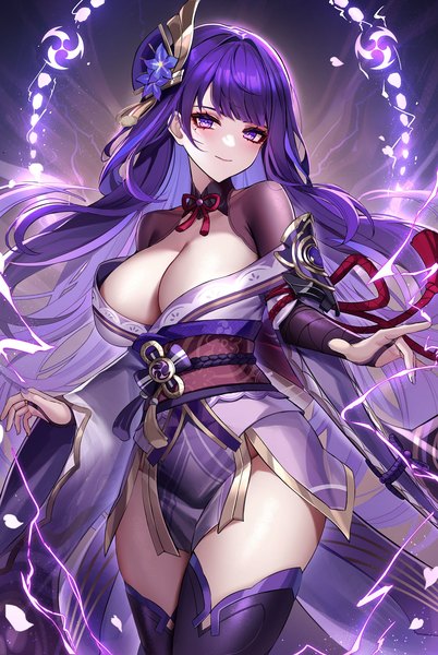 Anime picture 1548x2308 with genshin impact raiden shogun eternity (shadeh) single long hair tall image looking at viewer blush fringe breasts light erotic smile large breasts standing purple eyes cleavage purple hair blunt bangs nail polish traditional clothes