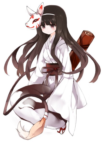 Anime picture 911x1286 with original kotatu (akaki01aoki00) single long hair tall image blush fringe black hair simple background white background sitting brown eyes tail long sleeves traditional clothes japanese clothes animal tail looking down mask on head girl