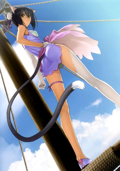 Anime picture 3284x4668 with shining (series) shining hearts shining tears shaomei rin tony taka single tall image highres short hair light erotic black hair brown eyes animal ears absurdres sky cloud (clouds) looking back cat ears cat girl cat tail