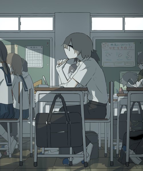 Anime picture 3000x3600 with original avogado6 tall image fringe highres short hair sitting multiple girls holding looking away full body indoors profile multiple boys short sleeves grey eyes solo focus classroom girl boy