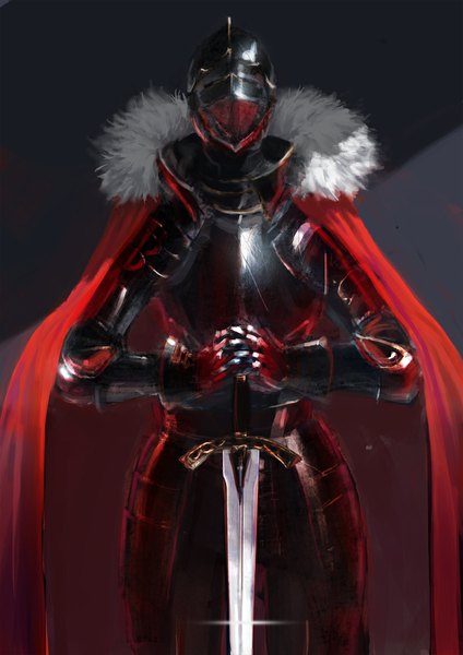 Аниме картинка 800x1132 с оригинальное изображение virus76 высокое изображение стоя держать тёмный фон оружие меч броня мех плащ