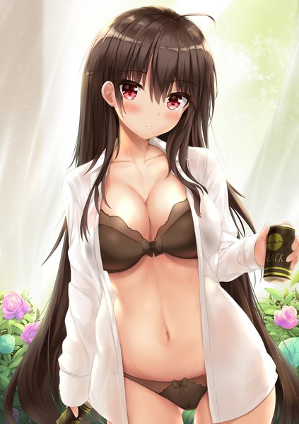 Anime picture 816x1158 with original ashfair single tall image looking at viewer blush fringe breasts light erotic hair between eyes red eyes brown hair large breasts standing holding payot ahoge indoors very long hair bare belly