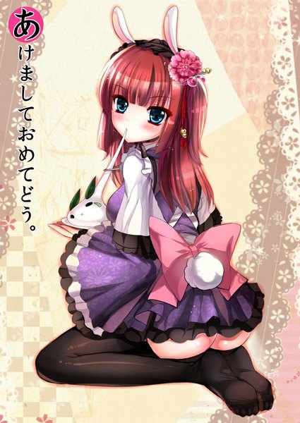 Anime picture 750x1059 with umineko no naku koro ni ushiromiya ange mafuyu single long hair tall image blush blue eyes light erotic animal ears ass red hair tail animal tail hair flower bunny ears bunny girl bunny tail girl thighhighs